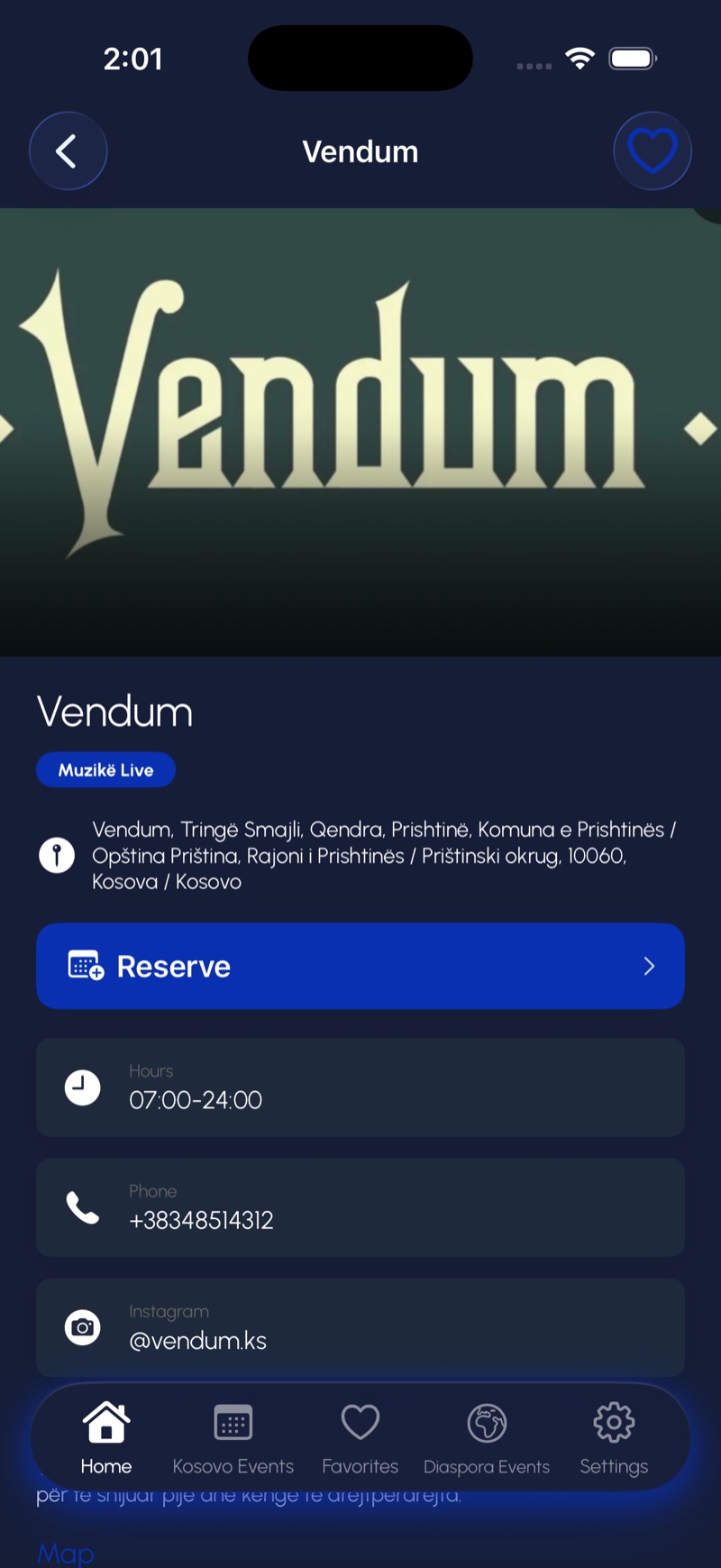 Venue page with the Reserve button
